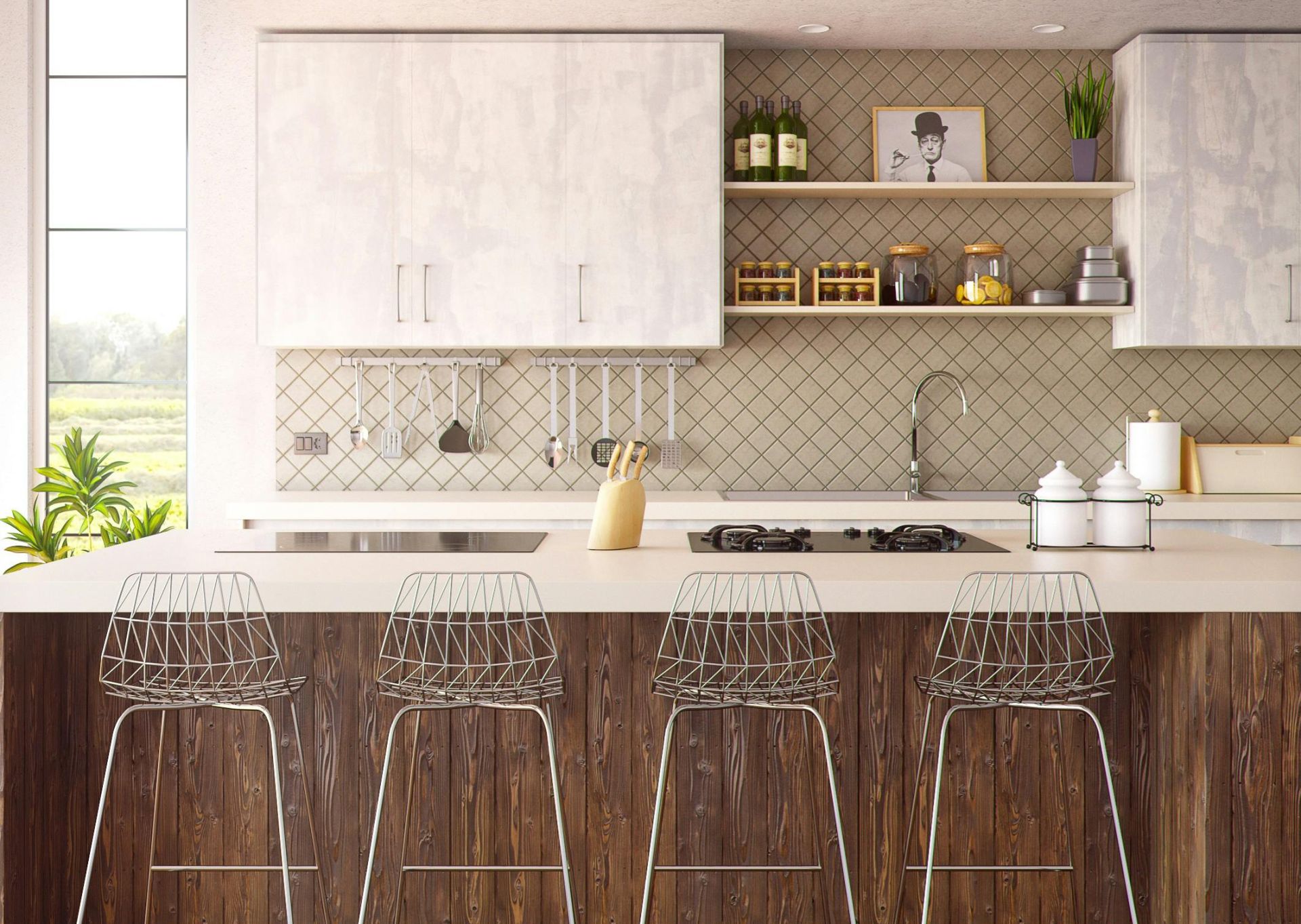 Four Gray Bar Stools in Front of Kitchen Countertop